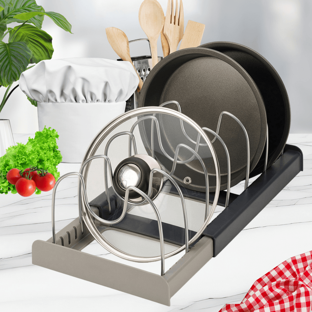 Kitchen Organization Rack, 6 Slots, for Lids, Pans, Adjustable Configuration, Easy to Clean, Gray