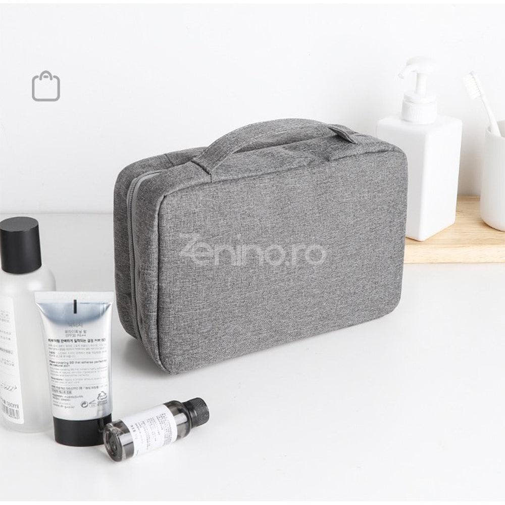 Cosmetic Bag, for Travel, 3 Compartments, Waterproof, Hangers, Textile Material, Gray