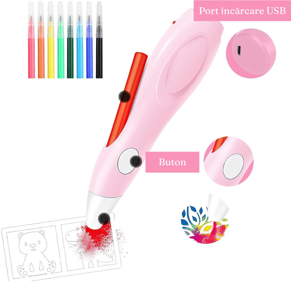 Creion Aerograf Inteligent, 8 Culori, Sabloane Incluse, Incarcare USB