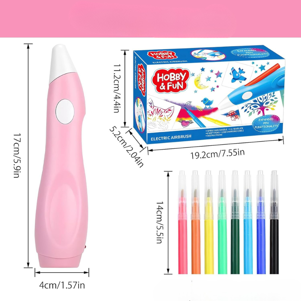 Smart Airbrush Pen, 8 Colors, Stencils Included, USB Charging