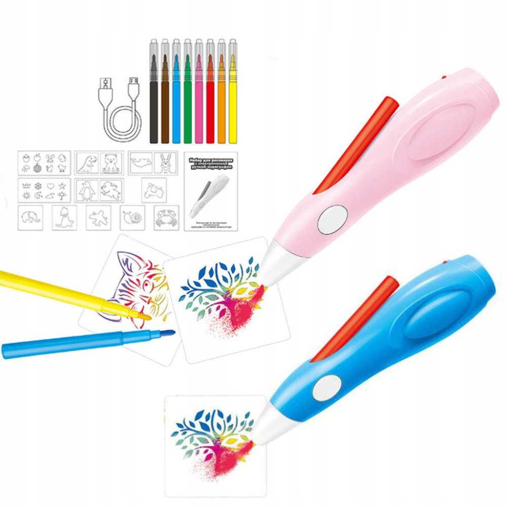 Creion Aerograf Inteligent, 8 Culori, Sabloane Incluse, Incarcare USB