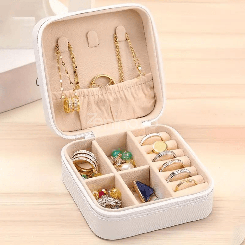 Cutie Organizare Bijuterii, 4 Compartimente, Agatatori, Interior din Catifea, Inchidere cu Fermoar, 10x10x5cm, Negru, Alb