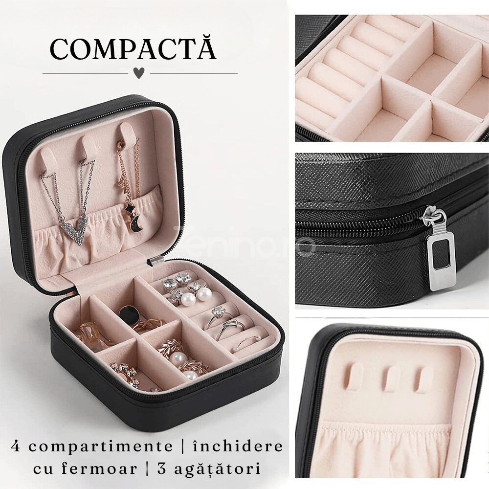 Cutie Organizare Bijuterii, 4 Compartimente, Agatatori, Interior din Catifea, Inchidere cu Fermoar, 10x10x5cm, Negru, Alb