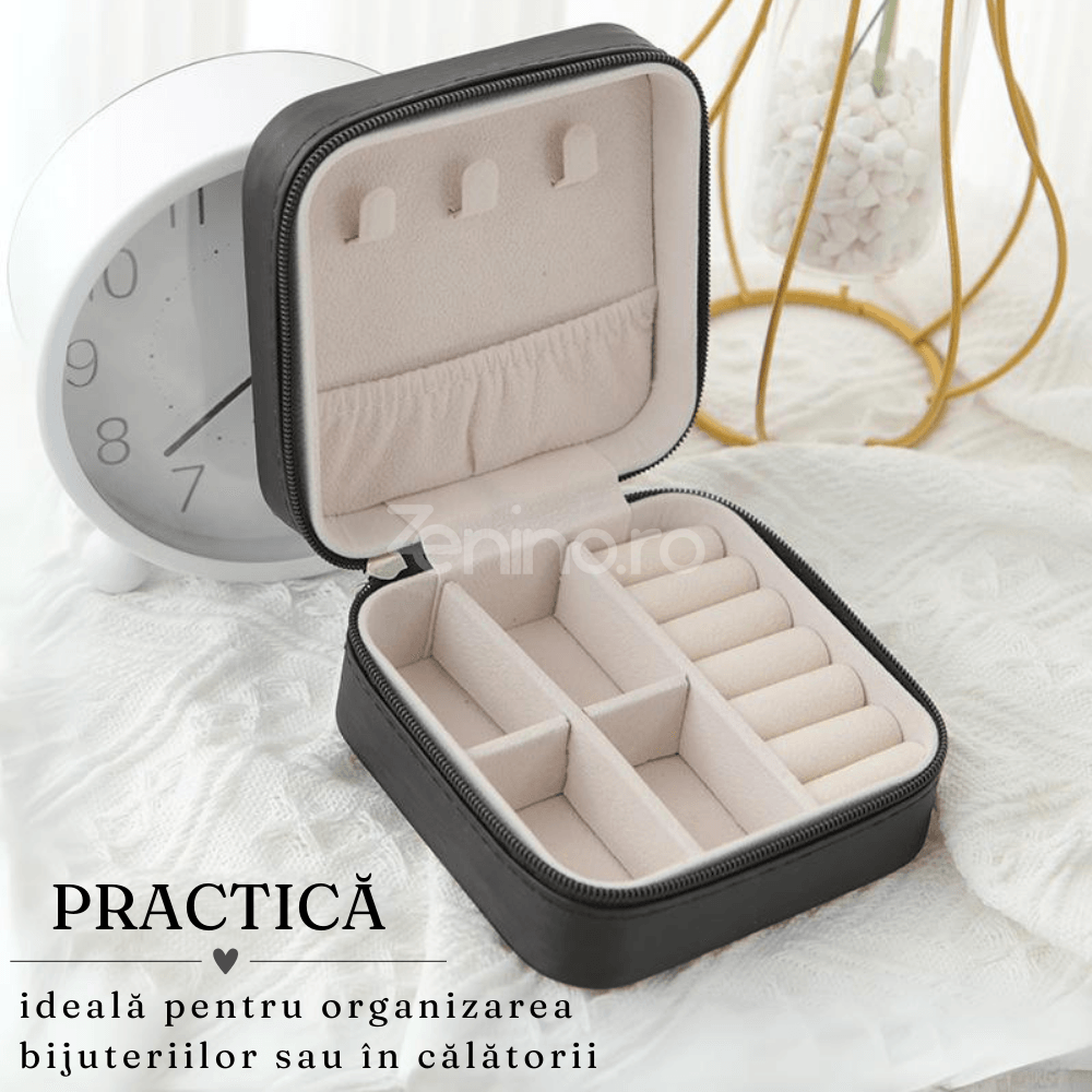 Cutie Organizare Bijuterii, 4 Compartimente, Agatatori, Interior din Catifea, Inchidere cu Fermoar, 10x10x5cm, Negru, Alb