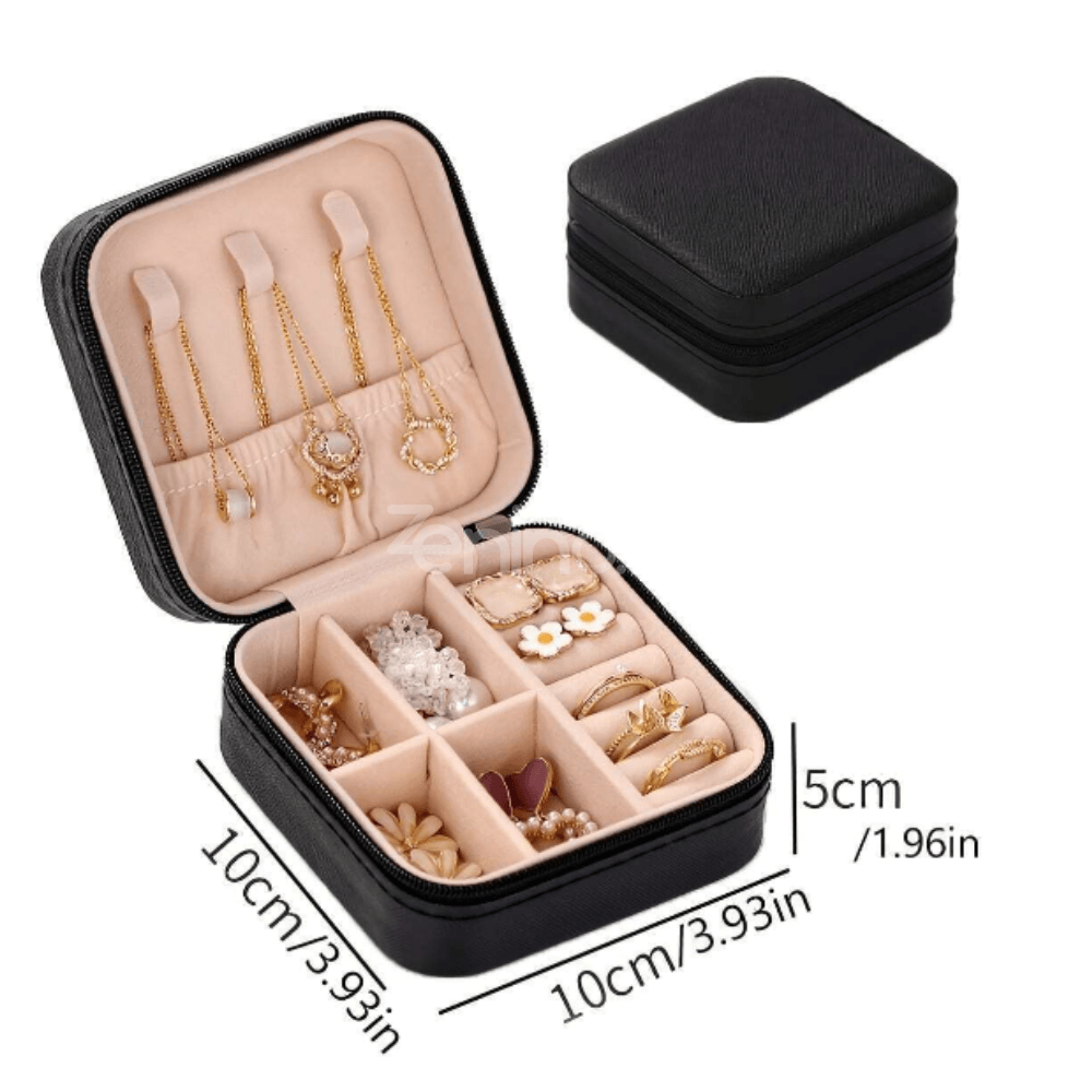 Cutie Organizare Bijuterii, 4 Compartimente, Agatatori, Interior din Catifea, Inchidere cu Fermoar, 10x10x5cm, Negru, Alb