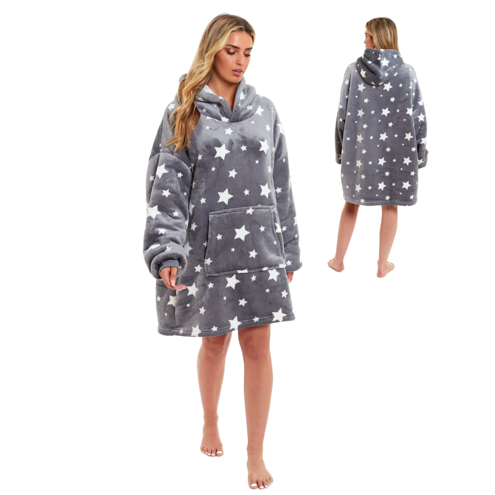Patura cu Maneci Tip Hanorac, Gluga, Buzunar Marsupiu, din Fleece, Pufos, Confortabil, Mentine Caldura, Marime Universala, Imprimeu Fosforescent, Adulti si Copii