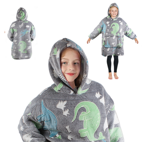 Patura cu Maneci Tip Hanorac, Gluga, Buzunar Marsupiu, din Fleece, Pufos, Confortabil, Mentine Caldura, Marime Universala, Imprimeu Fosforescent, Adulti si Copii