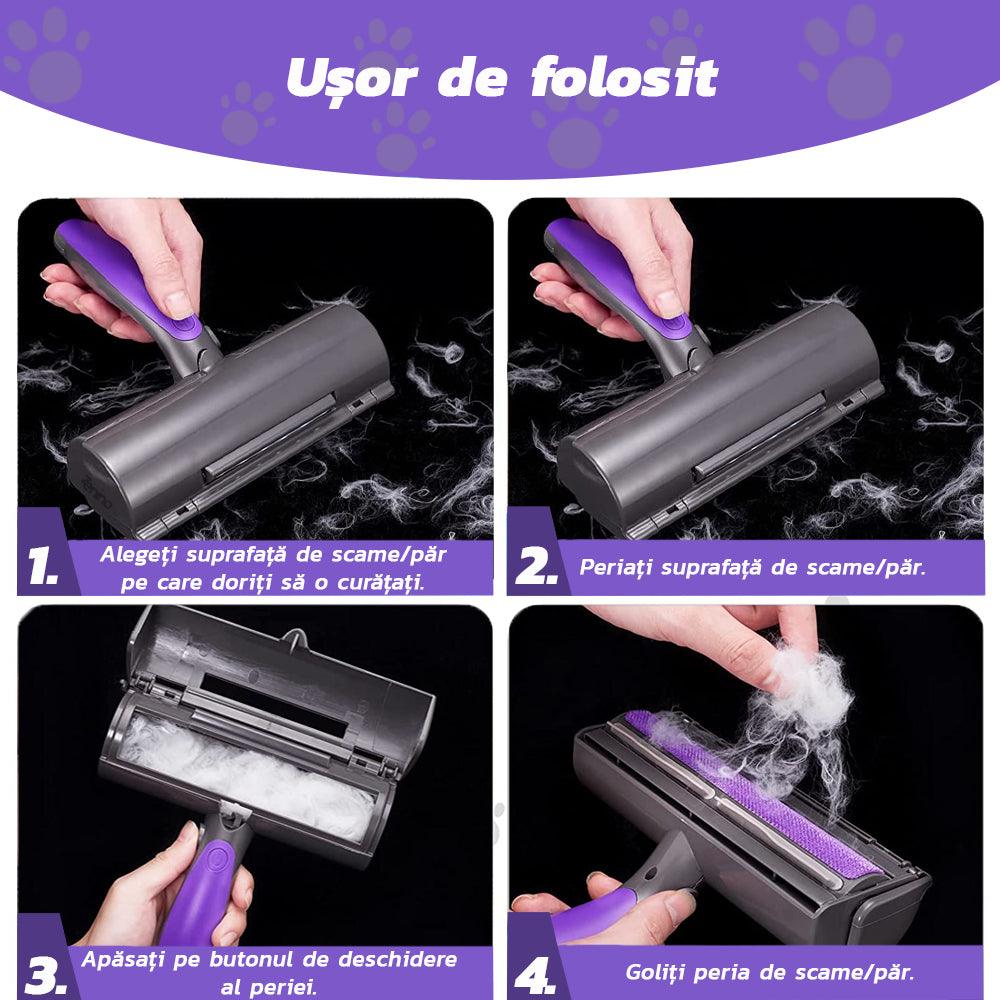 Perie cu Micro-Vibratii, LED, Tehnologie Microsonica, Indeparteaza Parul Animalelor si Scamele, Reutilizabila, Mov