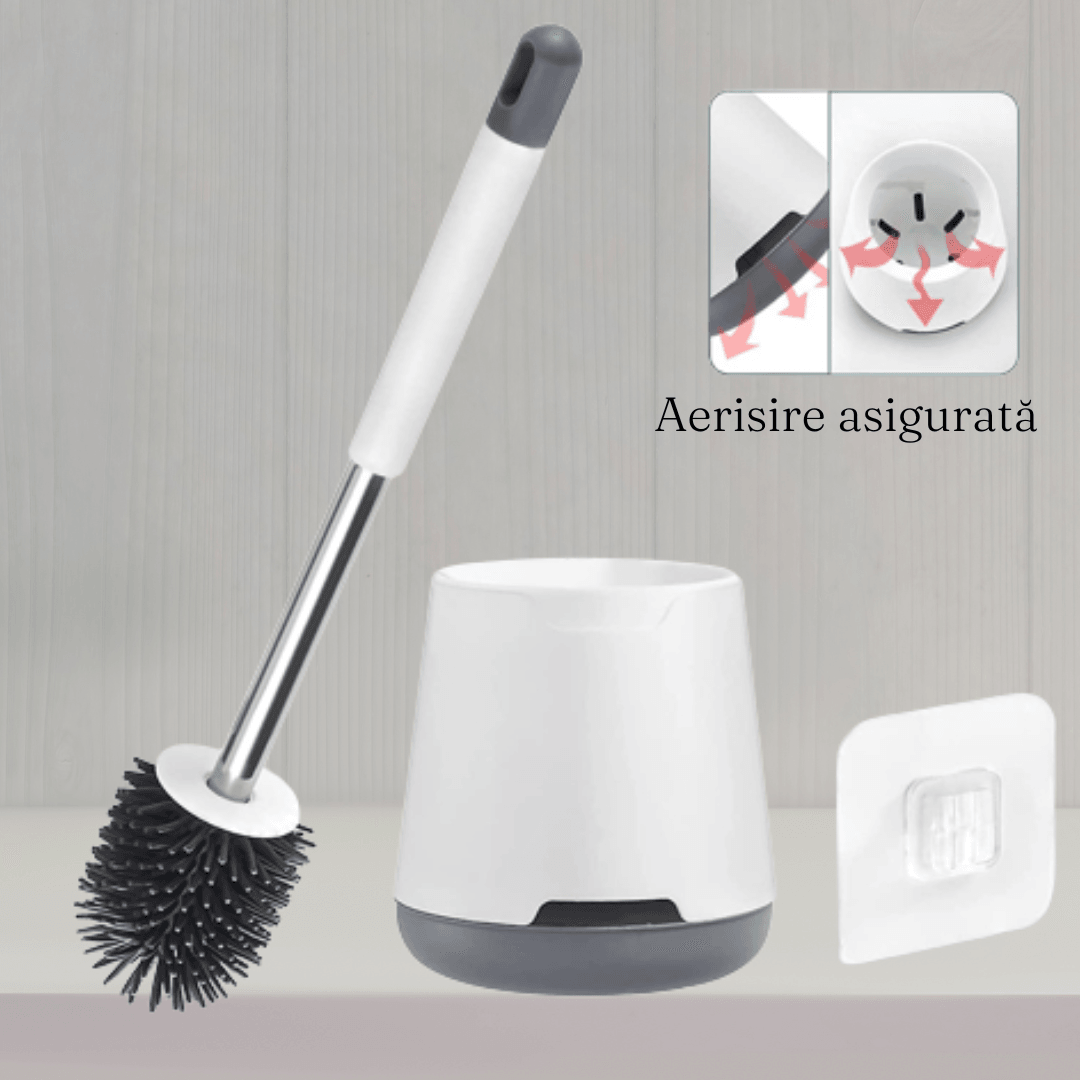 Perie WC Hygiene, Peri moi din Silicon, Design compact, Igienic, Fixare pe Perete, 43 cm, Alb/Gri