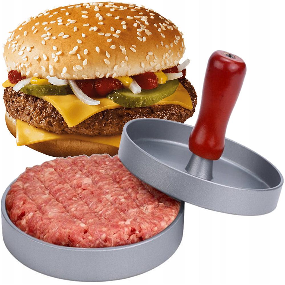Burger Press, Non-Stick Coating, Wooden Handle, 12 cm, Aluminum Alloy, Gray