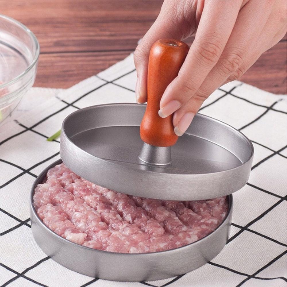 Burger Press, Non-Stick Coating, Wooden Handle, 12 cm, Aluminum Alloy, Gray