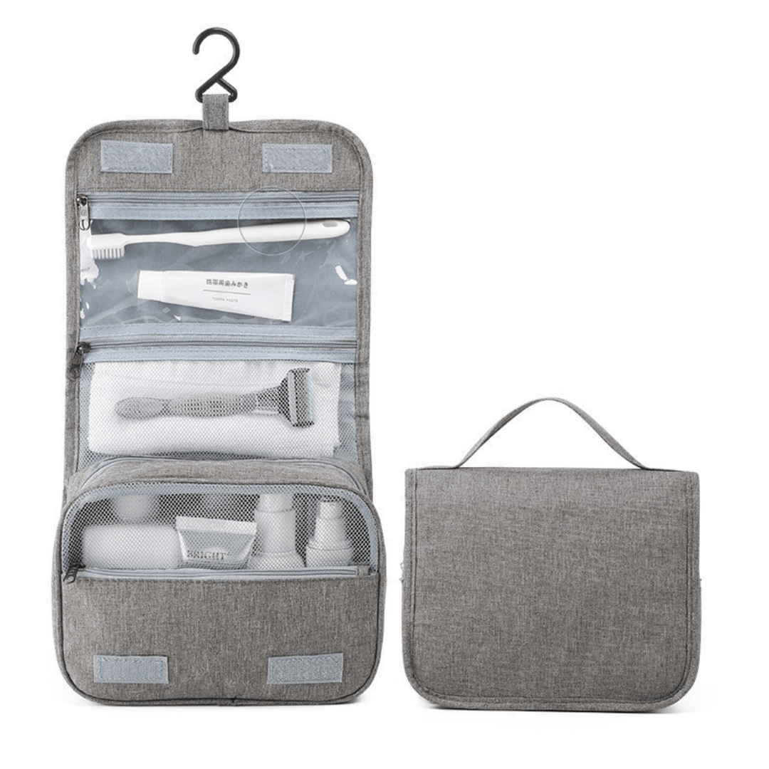 Cosmetic Bag, for Travel, 3 Compartments, Waterproof, Hangers, Textile Material, Gray