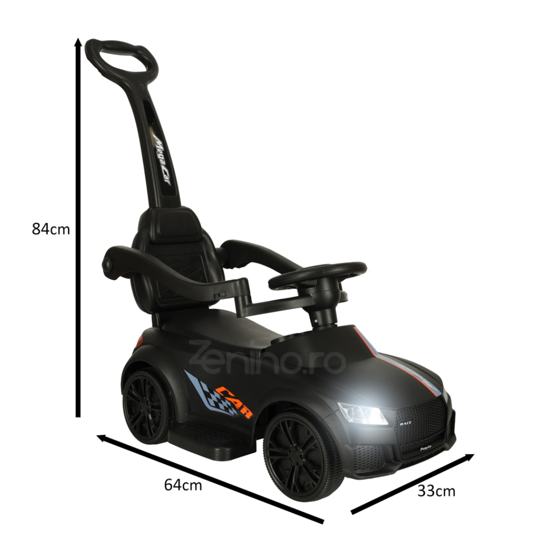 Masinuta de Impins pentru Copii, Volan, Maner Detasabil, Bare de Sustinere, Sunete si Lumini, Alimentare pe Baterii, Maxim 23 kg, Negru