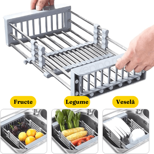 Dish Drainer, Stainless Steel, Vegetables and Fruits, Stable, Durable, Extendable between 27.5-46cm