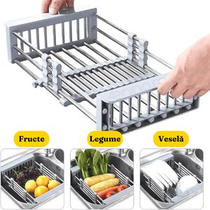 Dish Drainer, Stainless Steel, Vegetables and Fruits, Stable, Durable, Extendable between 27.5-46cm