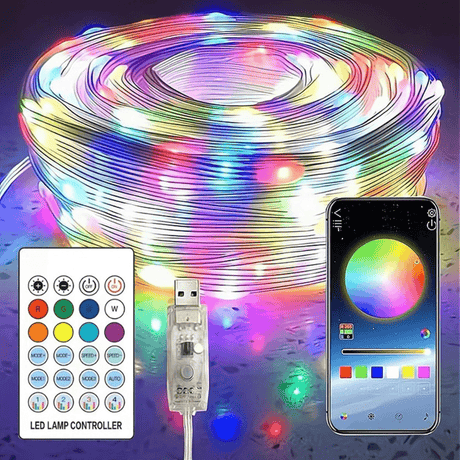 Banda LED 10m, Aplicatie, Telecomanda 24 Taste, USB, IP65, Jocuri de Lumini, Interior/Exterior, Multicolor