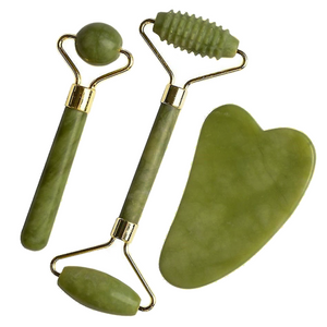 Set of 3 Massage Accessories, Jade Roller, Double Roller, Gua Sha Stone, For Elasticity, Toning, Brightness, Anti-Wrinkle, Face and Body, Green