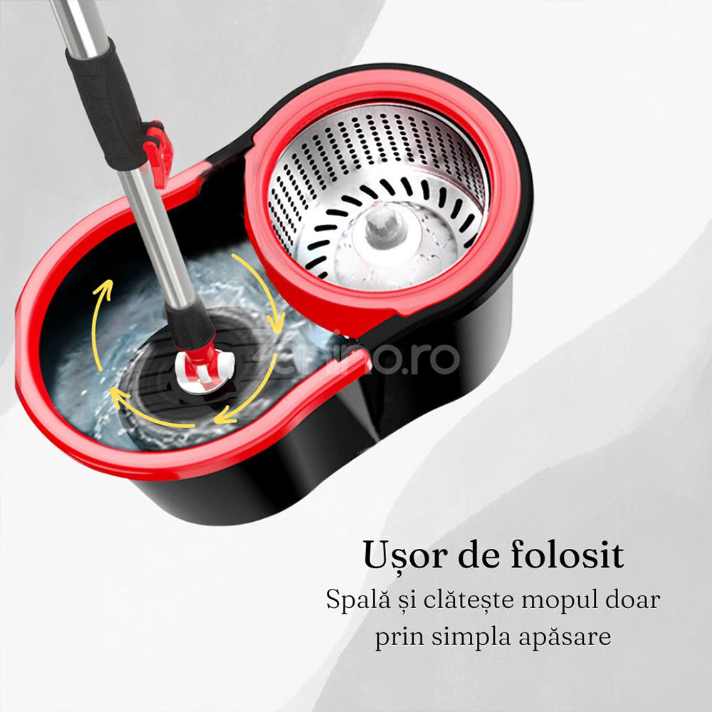 Rotary Mop Set, 8L Bucket, Interchangeable Microfiber Head, Wringing System, Drain Plug, Black/Red