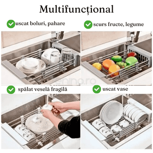 Dish Drainer, Stainless Steel, Vegetables and Fruits, Stable, Durable, Extendable between 27.5-46cm
