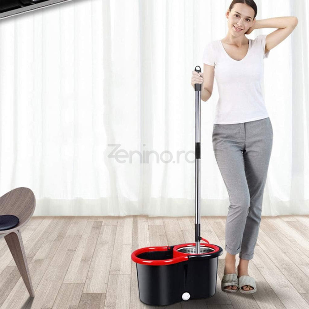 Rotary Mop Set, 8L Bucket, Interchangeable Microfiber Head, Wringing System, Drain Plug, Black/Red