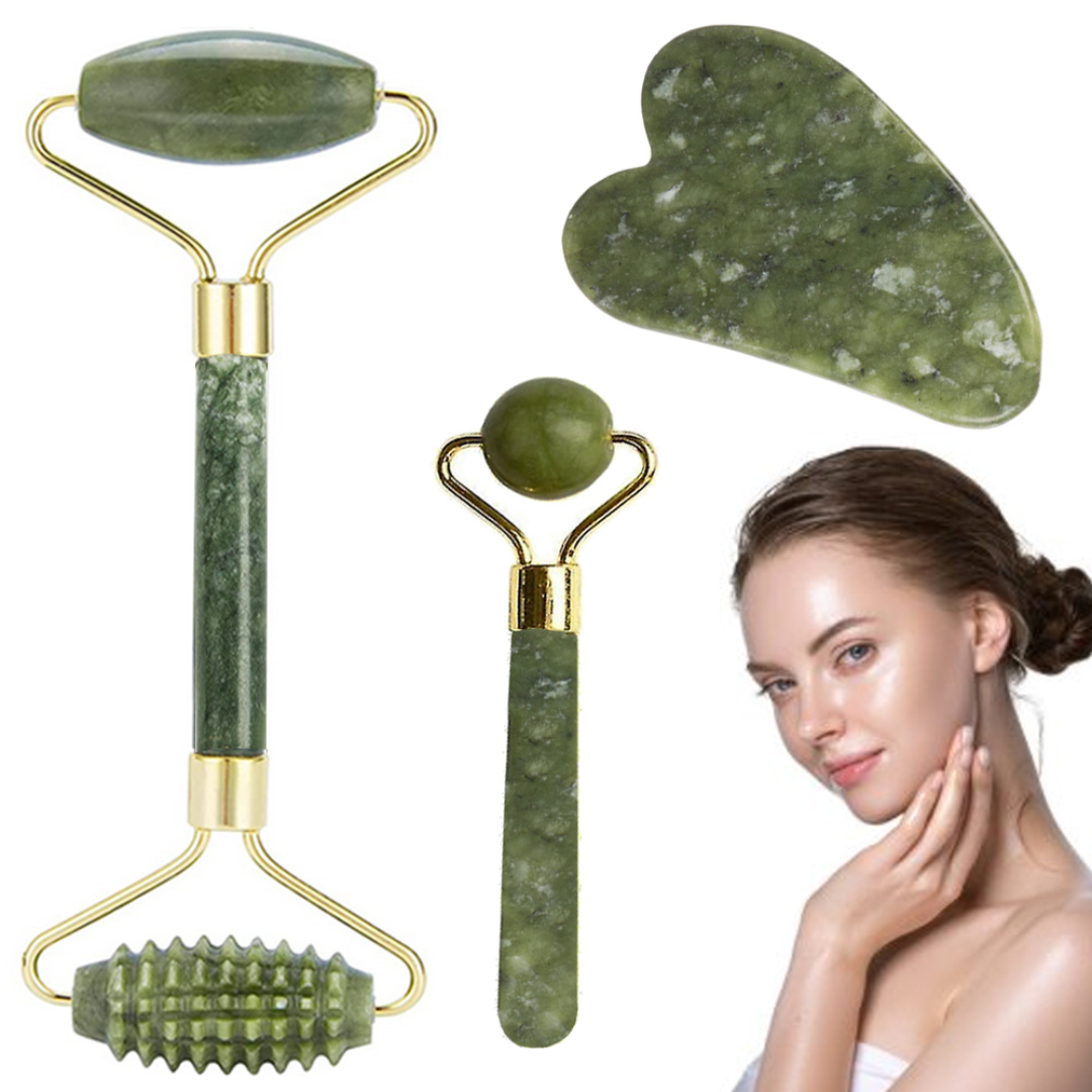 Set of 3 Massage Accessories, Jade Roller, Double Roller, Gua Sha Stone, For Elasticity, Toning, Brightness, Anti-Wrinkle, Face and Body, Green