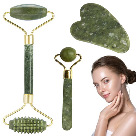 Set of 3 Massage Accessories, Jade Roller, Double Roller, Gua Sha Stone, For Elasticity, Toning, Brightness, Anti-Wrinkle, Face and Body, Green