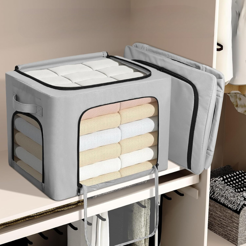 Cutie Depozitare Haine, Capacitate 38L, 3 Ferestre, Fermoar Bidirectional, Cadru din Otel