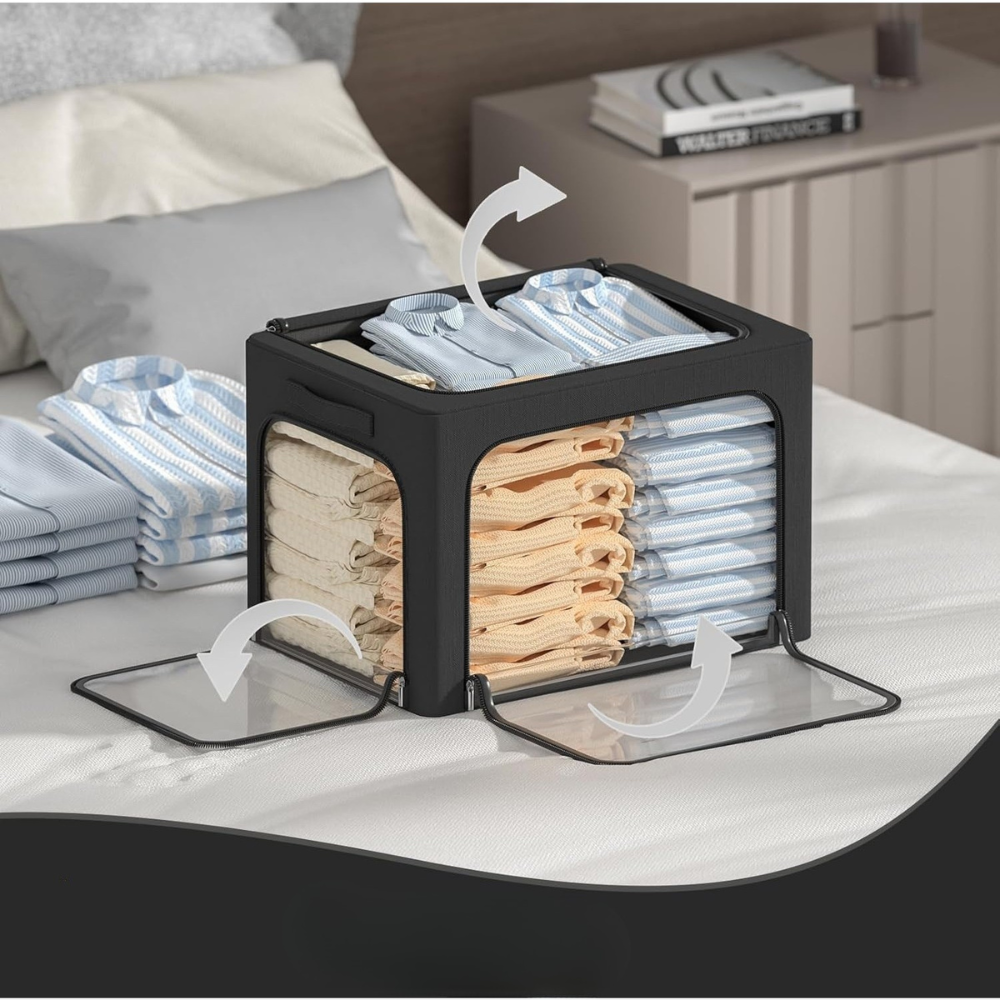 Cutie Depozitare Haine, Capacitate 38L, 3 Ferestre, Fermoar Bidirectional, Cadru din Otel