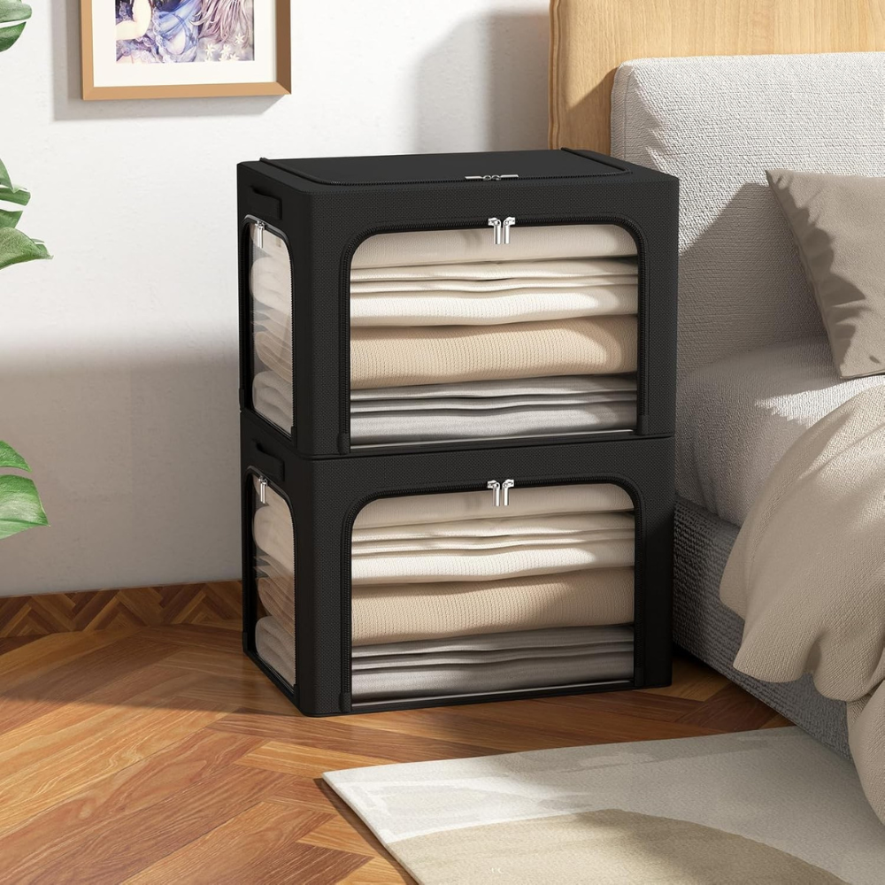 Cutie Depozitare Haine, Capacitate 38L, 3 Ferestre, Fermoar Bidirectional, Cadru din Otel