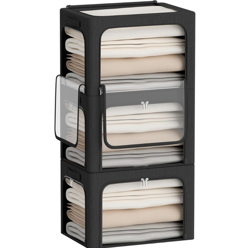 Cutie Depozitare Haine, Capacitate 38L, 3 Ferestre, Fermoar Bidirectional, Cadru din Otel