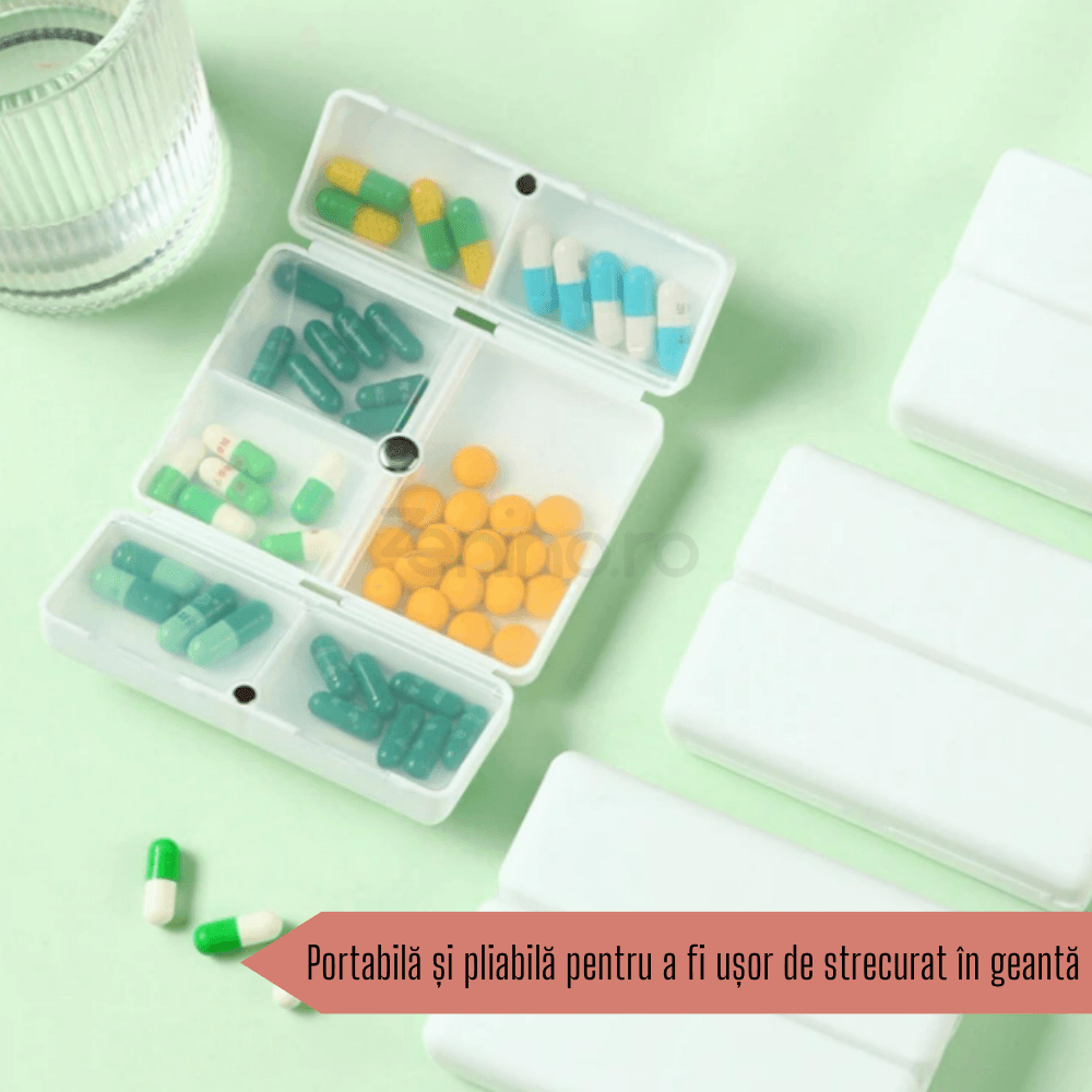 Medicine Box, 7 Individual Compartments, Compact, Portable, Magnetic Closure, Plastic, 7x10cm