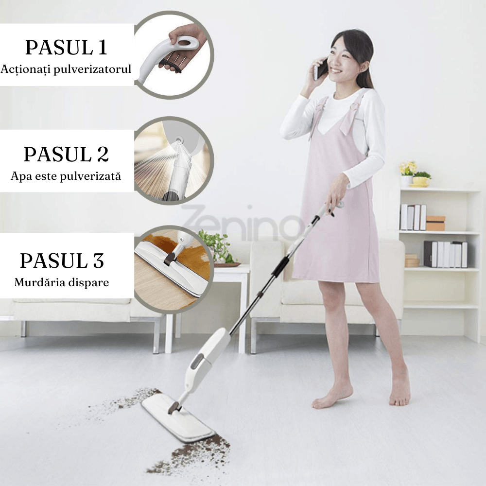 Flat Mop with Sprayer, 350 ml Tank, Multiple Surfaces, Compact, Ergonomic Handle, Efficient Cleaning, Easy to Maneuver, with Two Microfiber Refills, 125 x 40 cm 