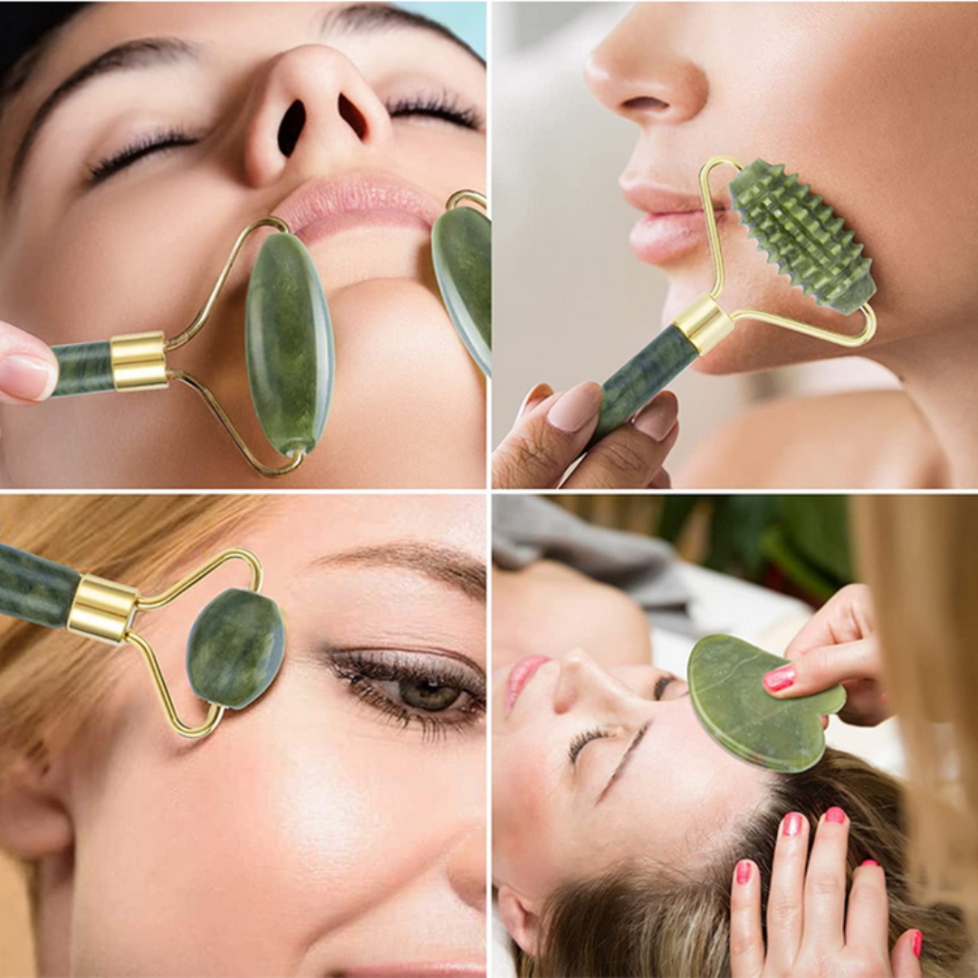 Set of 3 Massage Accessories, Jade Roller, Double Roller, Gua Sha Stone, For Elasticity, Toning, Brightness, Anti-Wrinkle, Face and Body, Green