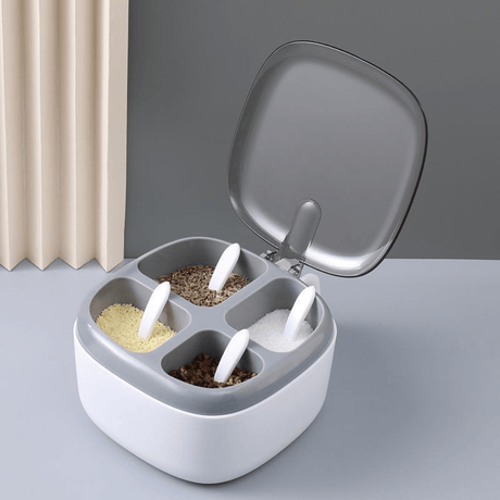 Spice Container, 4 Compartments, Spoons Included, with Handle, Plastic, 14x8cm, White, Pink, Blue