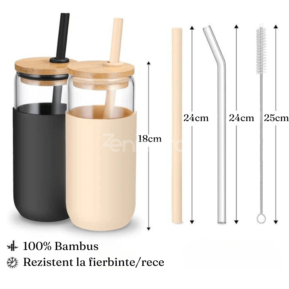 Set of 2 Insulated Glass Cups, 500ml, Bamboo Lid, Non-Toxic, Silicone Protection, Black, Cream