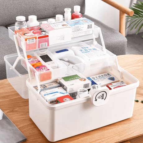 Organizator Medicamente, 3 Compartimente, Rafturi Pliabile, Portabil, Inchidere Securizata, Crem