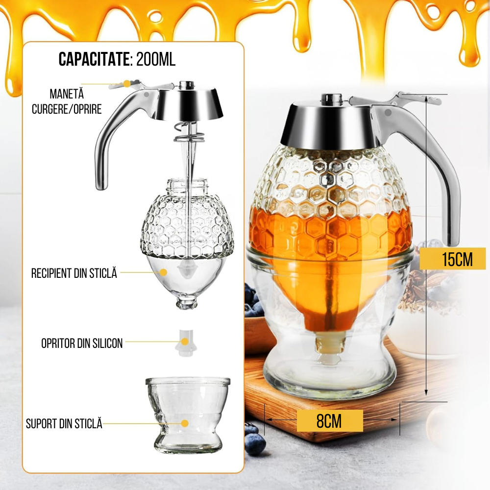 Honey Dispenser, Honeycomb Type, 200ml, Stopper, Glass Holder