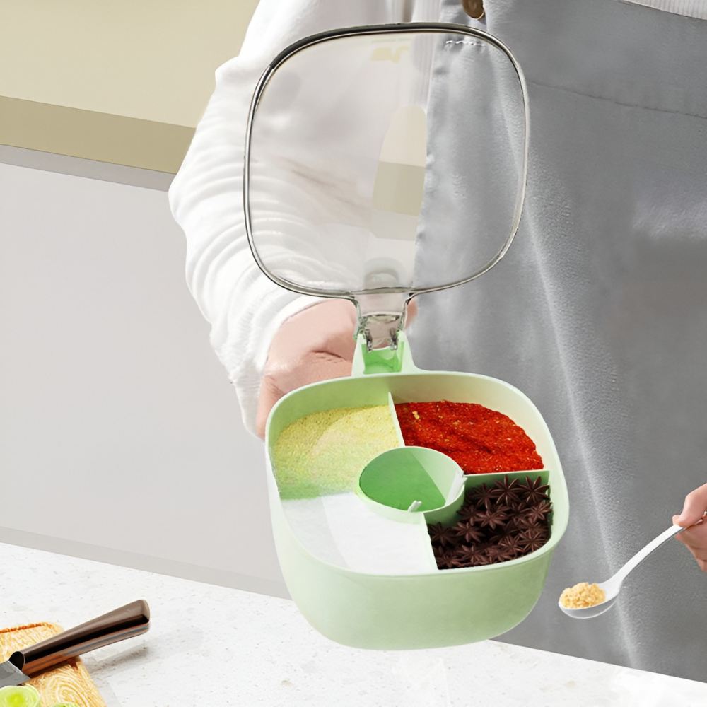 Spice Storage Box, 4 Compartments, with Spoons, Airtight Closure