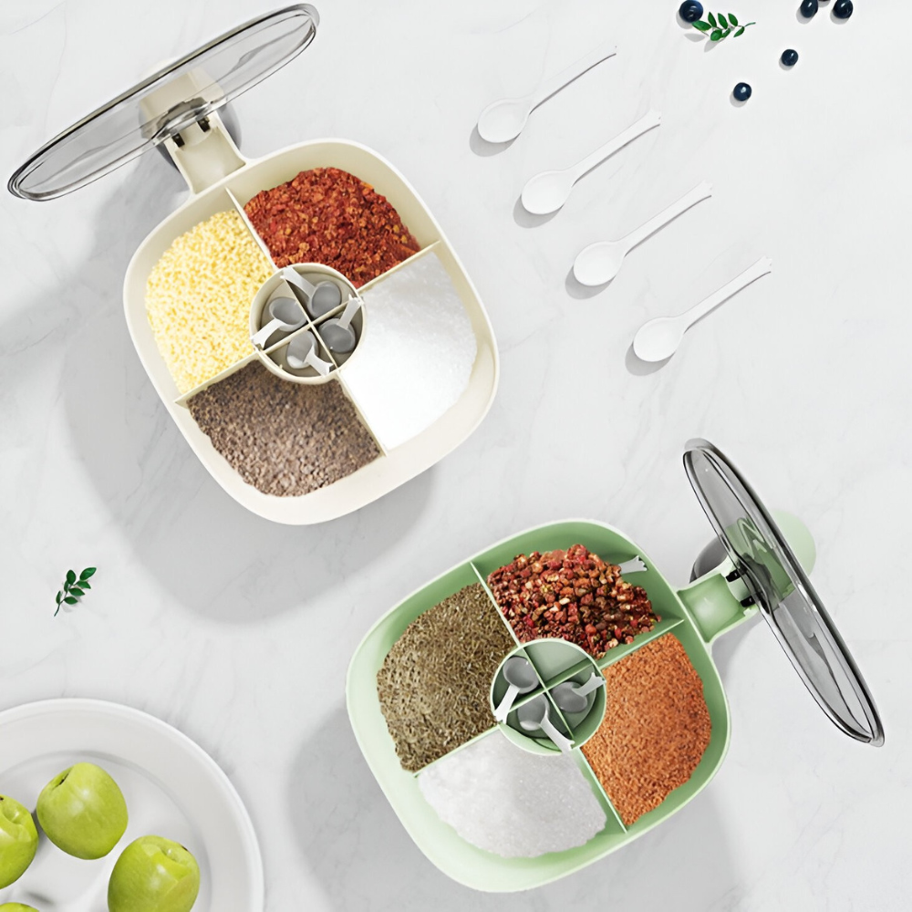 Spice Storage Box, 4 Compartments, with Spoons, Airtight Closure