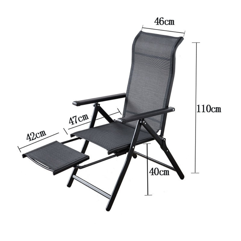 2in1 Garden Chair, Chaise Lounge Type, Footrest, Foldable, Metal Frame, Teslin Fabric, Black