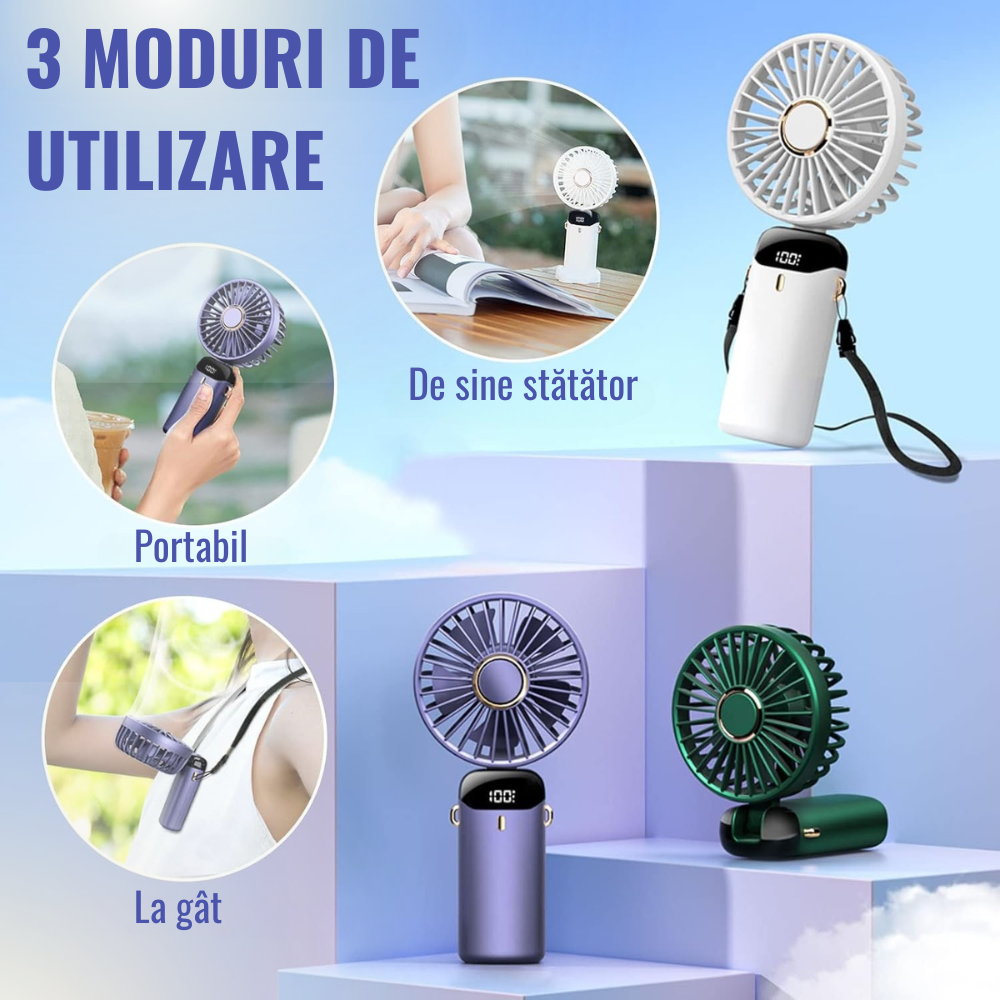 Mini Portable Fan, 5 Speeds, 12h Runtime, Foldable Model, USB Charging