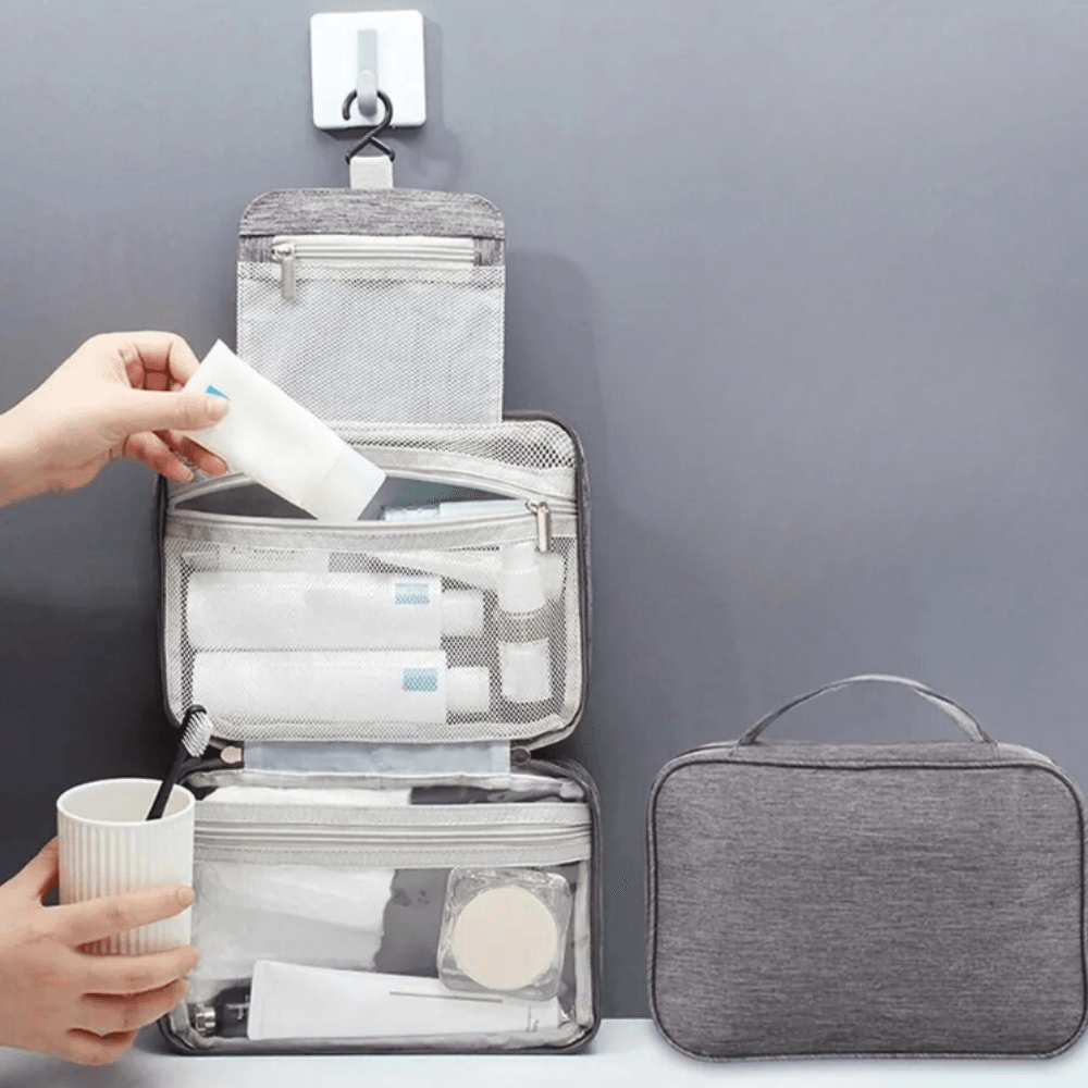 Cosmetic Bag, for Travel, 3 Compartments, Waterproof, Hangers, Textile Material, Gray