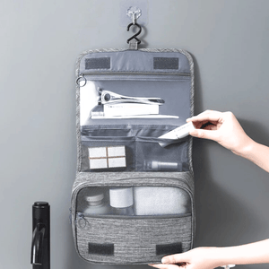 Cosmetic Bag, for Travel, 3 Compartments, Waterproof, Hangers, Textile Material, Gray