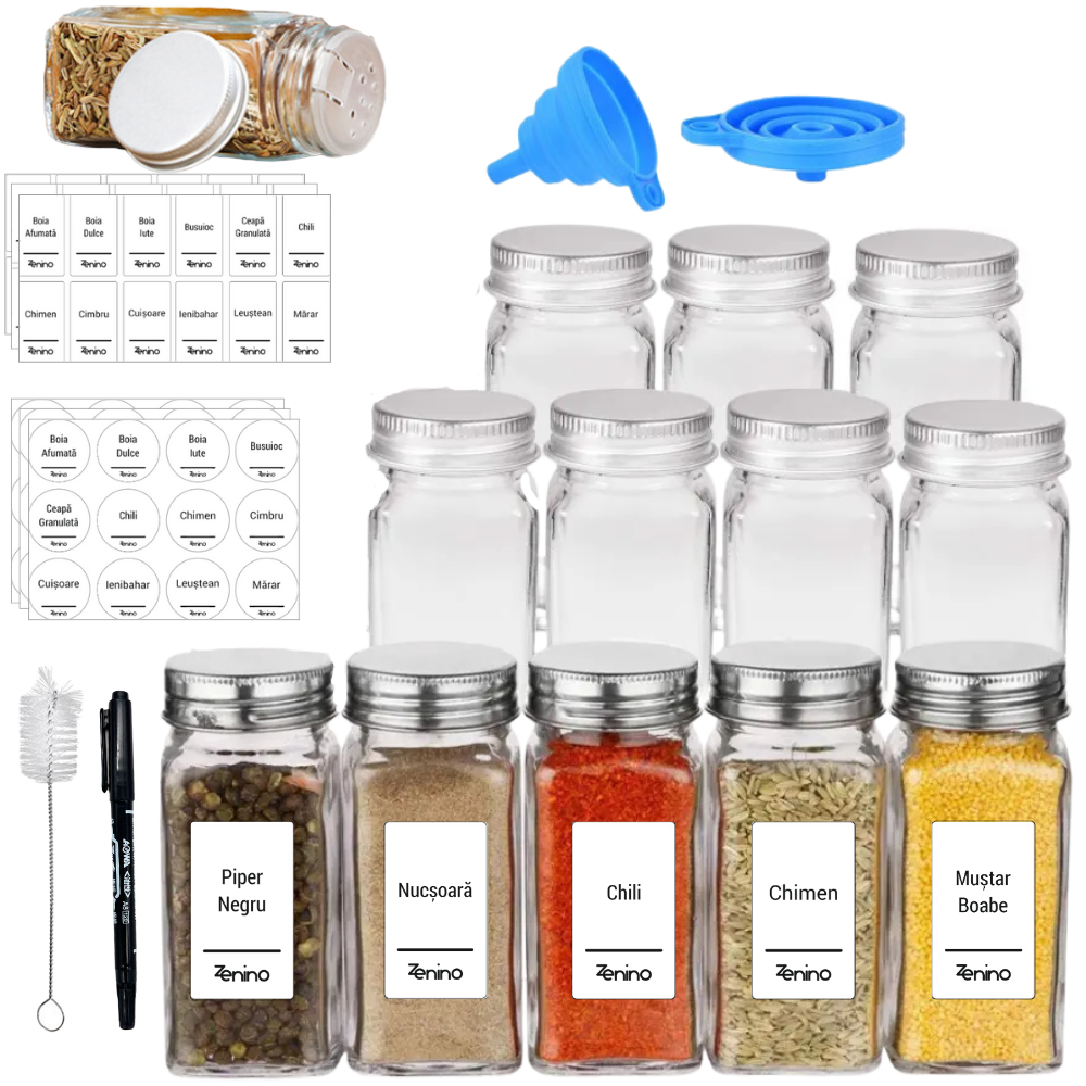 Spice Container Set, Aluminum/Wooden Lid, 96 White Labels in Romanian, 12-24 Salt Shakers, Funnel, Marker, 110ml, Bottle