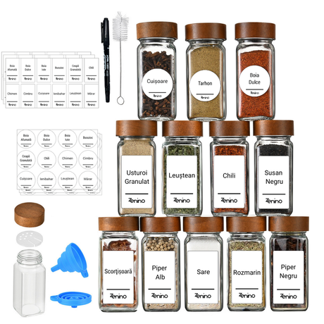 Spice Container Set, Aluminum/Wooden Lid, 96 White Labels in Romanian, 12-24 Salt Shakers, Funnel, Marker, 110ml, Bottle