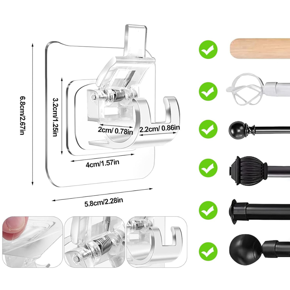 Adhesive Hooks Set, Waterproof, Transparent, Max 5kg., 6cm
