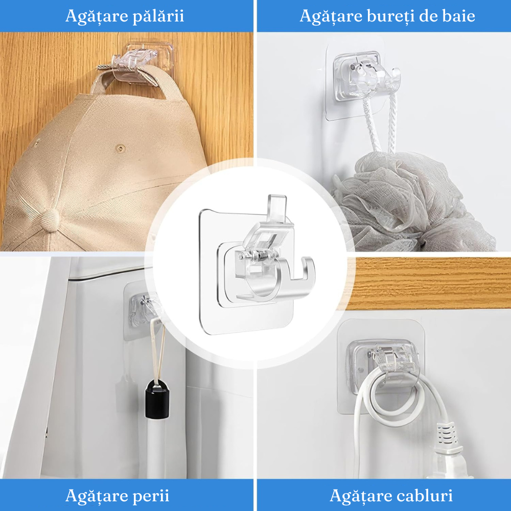 Adhesive Hooks Set, Waterproof, Transparent, Max 5kg., 6cm
