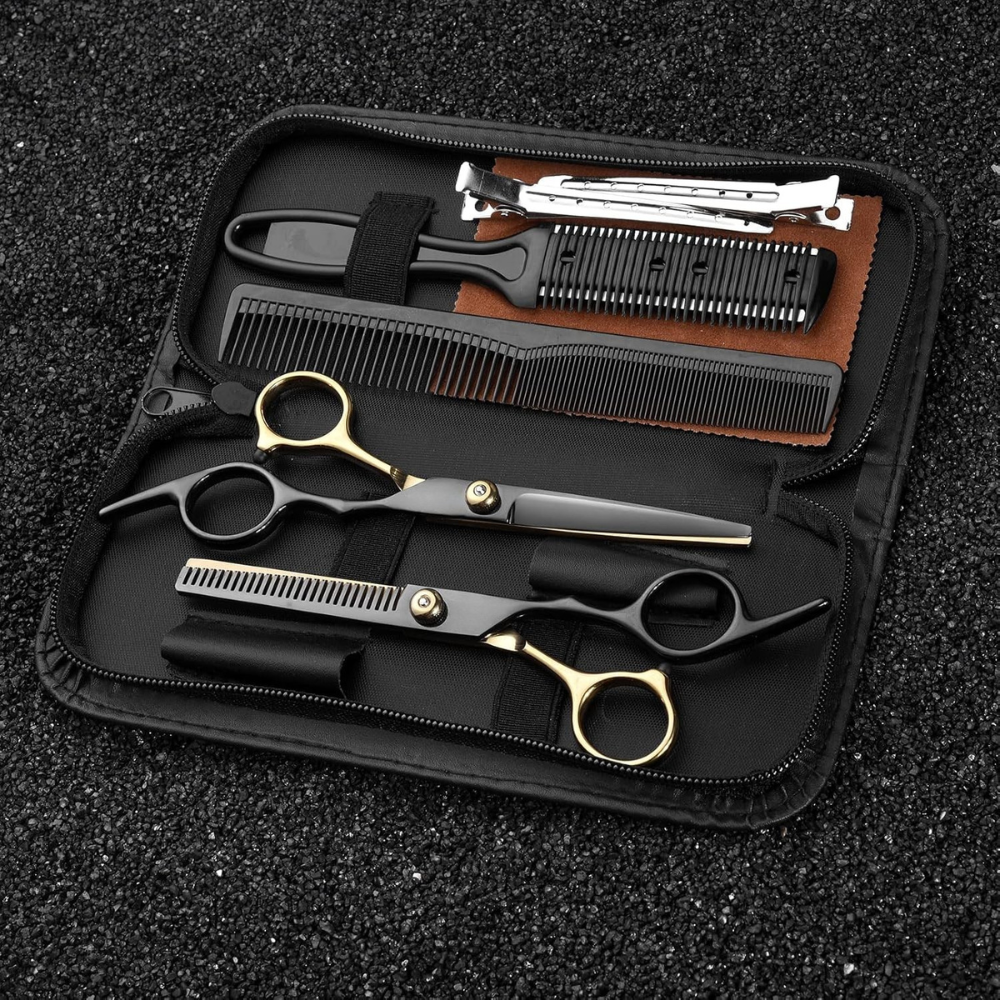 Hairdressing Set, 2 Steel Scissors, Comb, Velvet Cloth, Case, Black