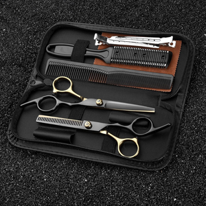 Hairdressing Set, 2 Steel Scissors, Comb, Velvet Cloth, Case, Black