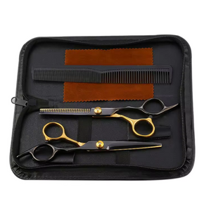 Hairdressing Set, 2 Steel Scissors, Comb, Velvet Cloth, Case, Black